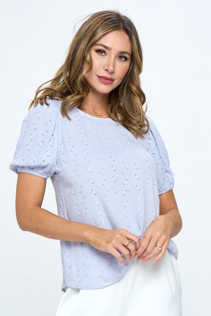 Round neck Puff Sleeve Top with Embroidery-Tops-Reneecollection-Urbanheer