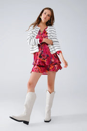 Ruched Dress in Multicolor Animal Print with Long Sleeves-Dress-Q2-S-Red-Urbanheer