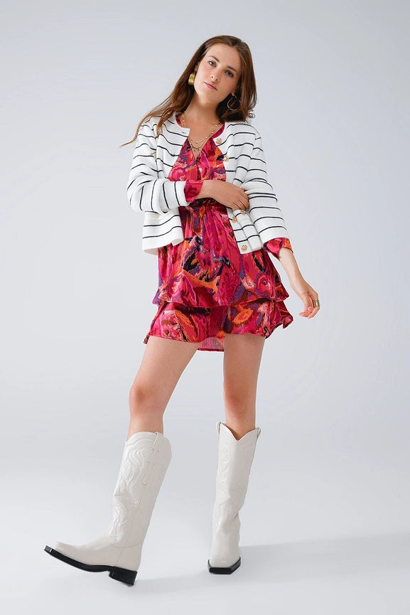 Ruched Dress in Multicolor Animal Print with Long Sleeves-Dress-Q2-S-Red-Urbanheer