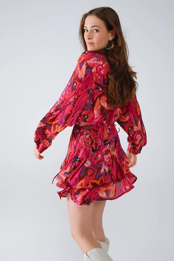 Ruched Dress in Multicolor Animal Print with Long Sleeves-Dress-Q2-S-Red-Urbanheer