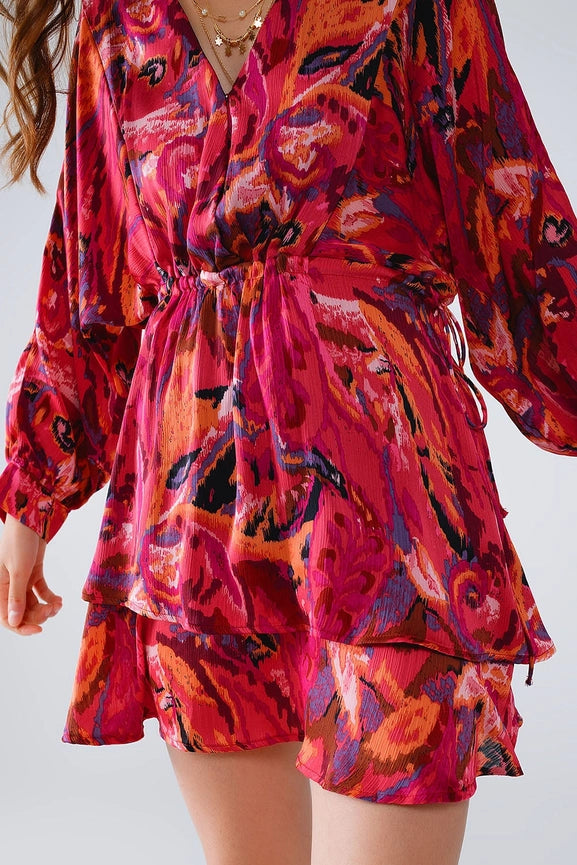 Ruched Dress in Multicolor Animal Print with Long Sleeves-Dress-Q2-S-Red-Urbanheer