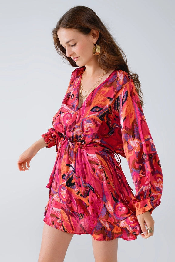 Ruched Dress in Multicolor Animal Print with Long Sleeves-Dress-Q2-S-Red-Urbanheer