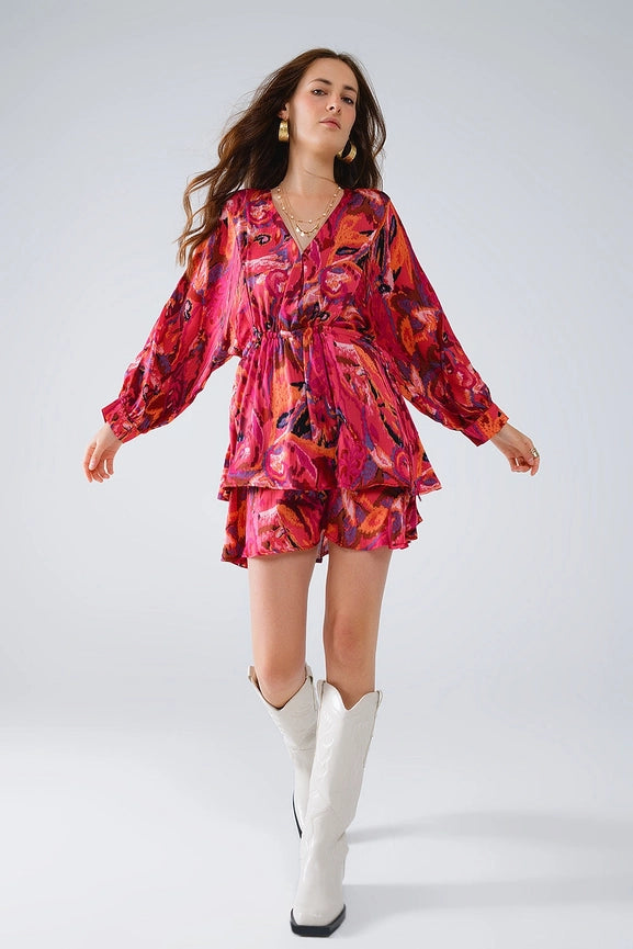 Ruched Dress in Multicolor Animal Print with Long Sleeves-Dress-Q2-S-Red-Urbanheer