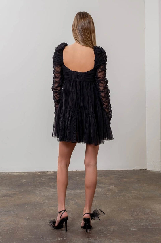 Ruched Long Sleeve Sweetheart Neck Mini Dress BLACK-Dress-Moon River-XS-BLACK-Urbanheer