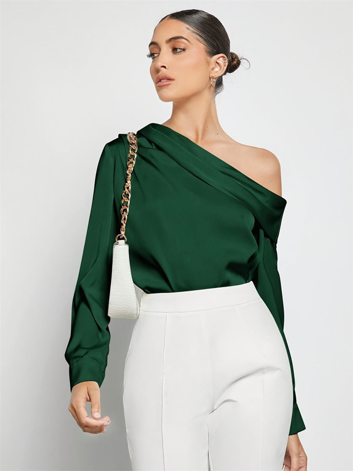 Ruched One Shoulder Long Sleeve Top-Street 360-Dark Green-S-Urbanheer
