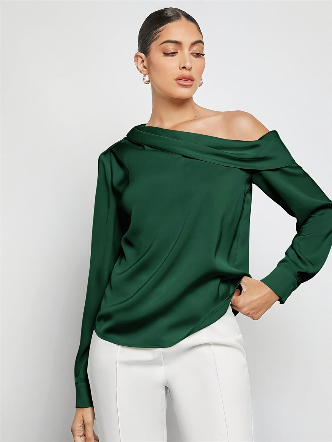 Ruched One Shoulder Long Sleeve Top-Street 360-Dark Green-S-Urbanheer