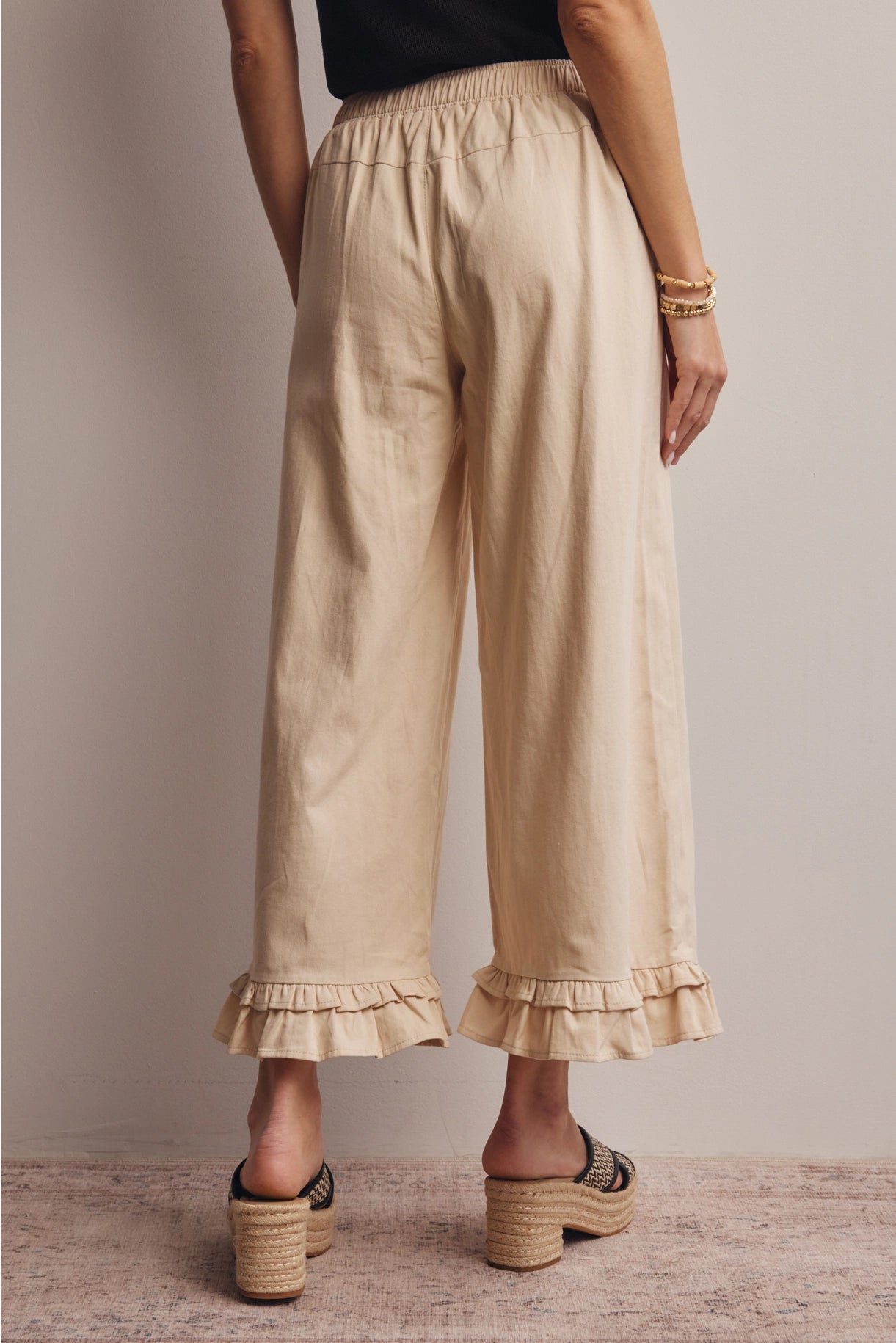 Ruffle Hem Wide-Leg Pants | Ecru