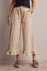 Ruffle Hem Wide-Leg Pants | Ecru