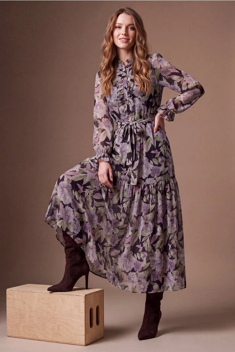 Ruffle Neck Floral Print Woven Maxi Dress