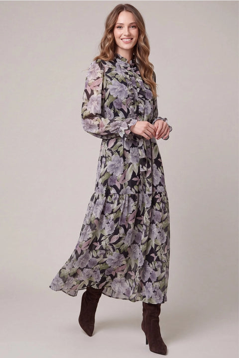 Ruffle Neck Floral Print Woven Maxi Dress