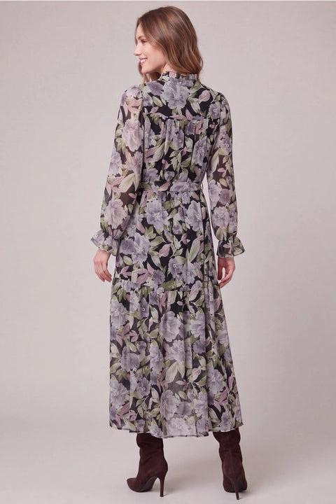 Ruffle Neck Floral Print Woven Maxi Dress
