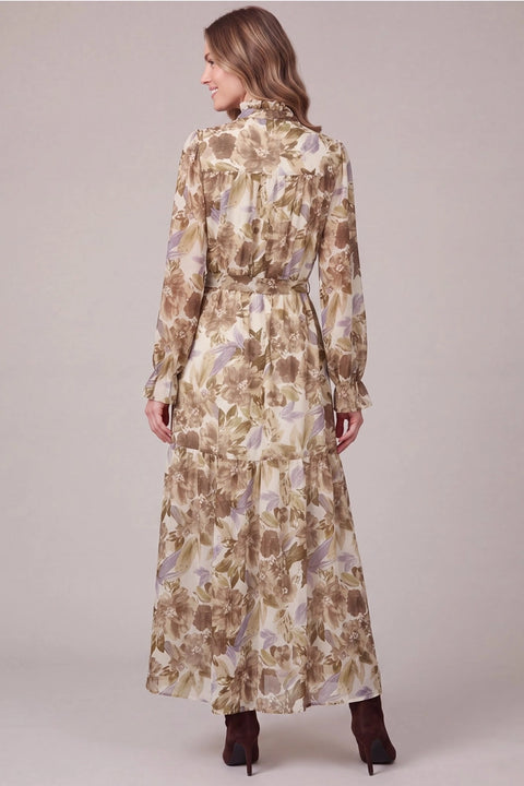 Ruffle Neck Floral Print Woven Maxi Dress