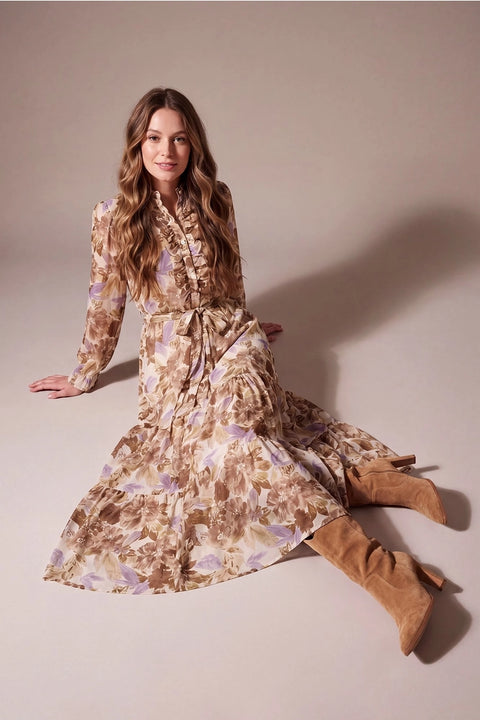 Ruffle Neck Floral Print Woven Maxi Dress