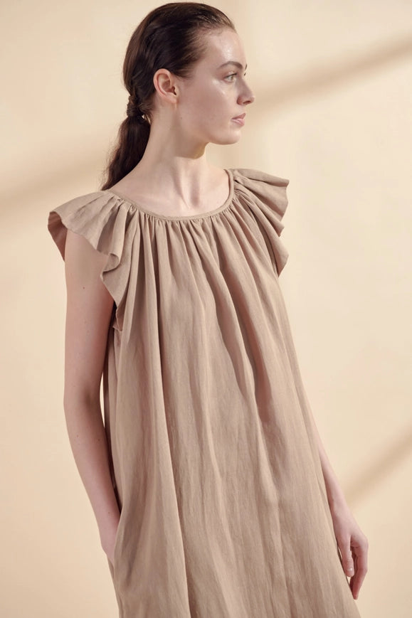 Ruffle Short Sleeve Back Tie Midi Dress-Dress-amente-M-Mocha-Urbanheer