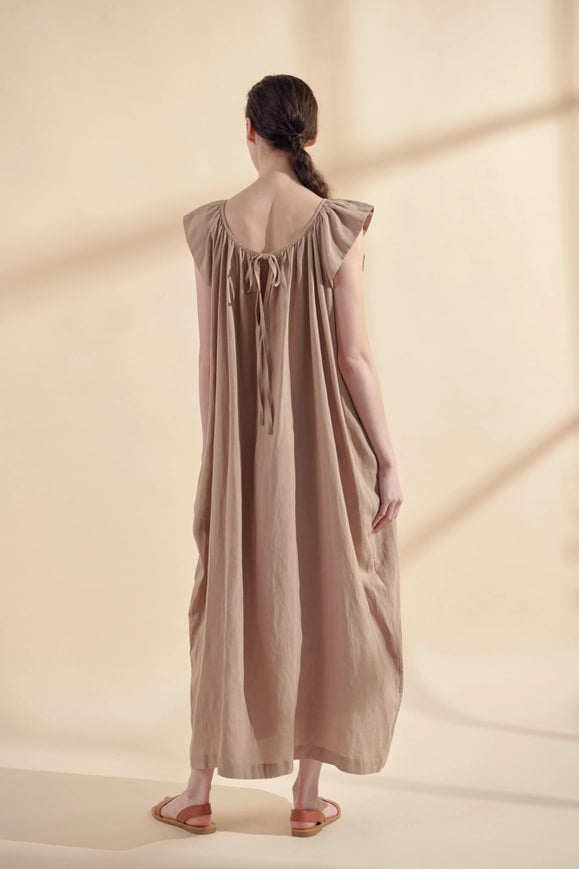 Ruffle Short Sleeve Back Tie Midi Dress-Dress-amente-M-Mocha-Urbanheer