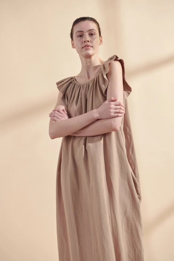 Ruffle Short Sleeve Back Tie Midi Dress-Dress-amente-M-Mocha-Urbanheer