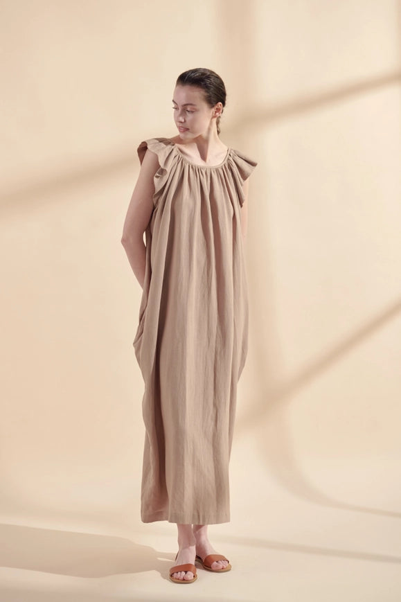 Ruffle Short Sleeve Back Tie Midi Dress-Dress-amente-M-Mocha-Urbanheer