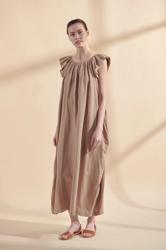 Ruffle Short Sleeve Back Tie Midi Dress-Dress-amente-M-Mocha-Urbanheer