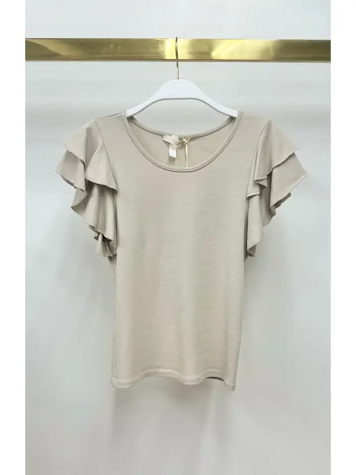 Ruffle Short Sleeve Crew Neck Top Beige-Top-MILIO MILANO-XS-Beige-Urbanheer