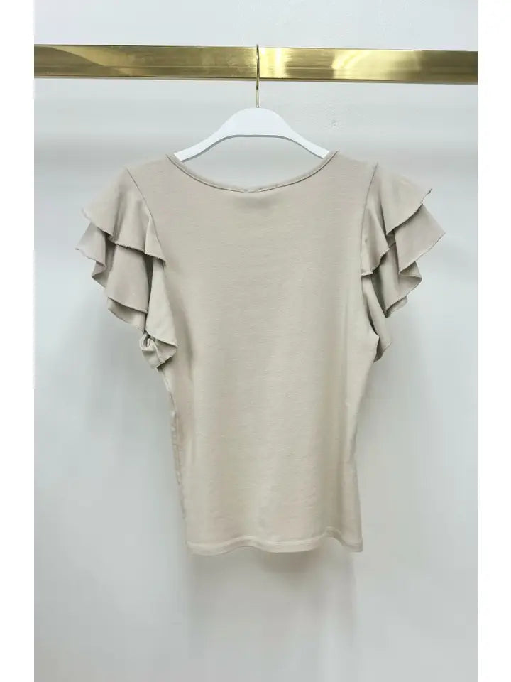 Ruffle Short Sleeve Crew Neck Top Beige-Top-MILIO MILANO-XS-Beige-Urbanheer