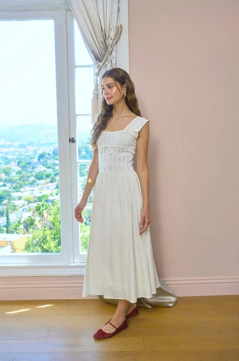 Ruffle Sleeve Smocked Tiered Midi Dress - White