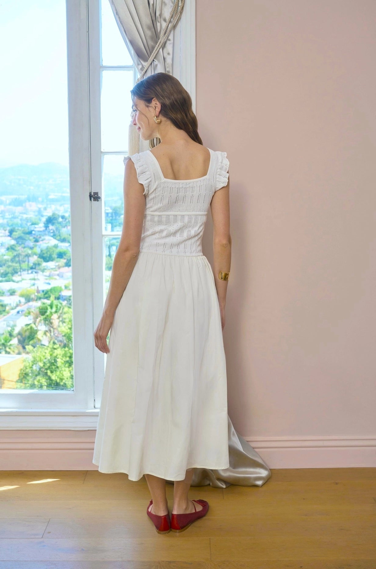 Ruffle Sleeve Smocked Tiered Midi Dress White