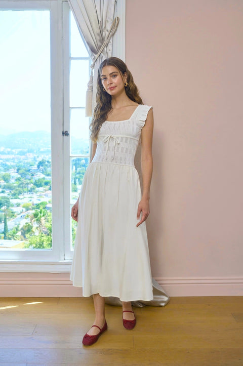 Ruffle Sleeve Smocked Tiered Midi Dress - White