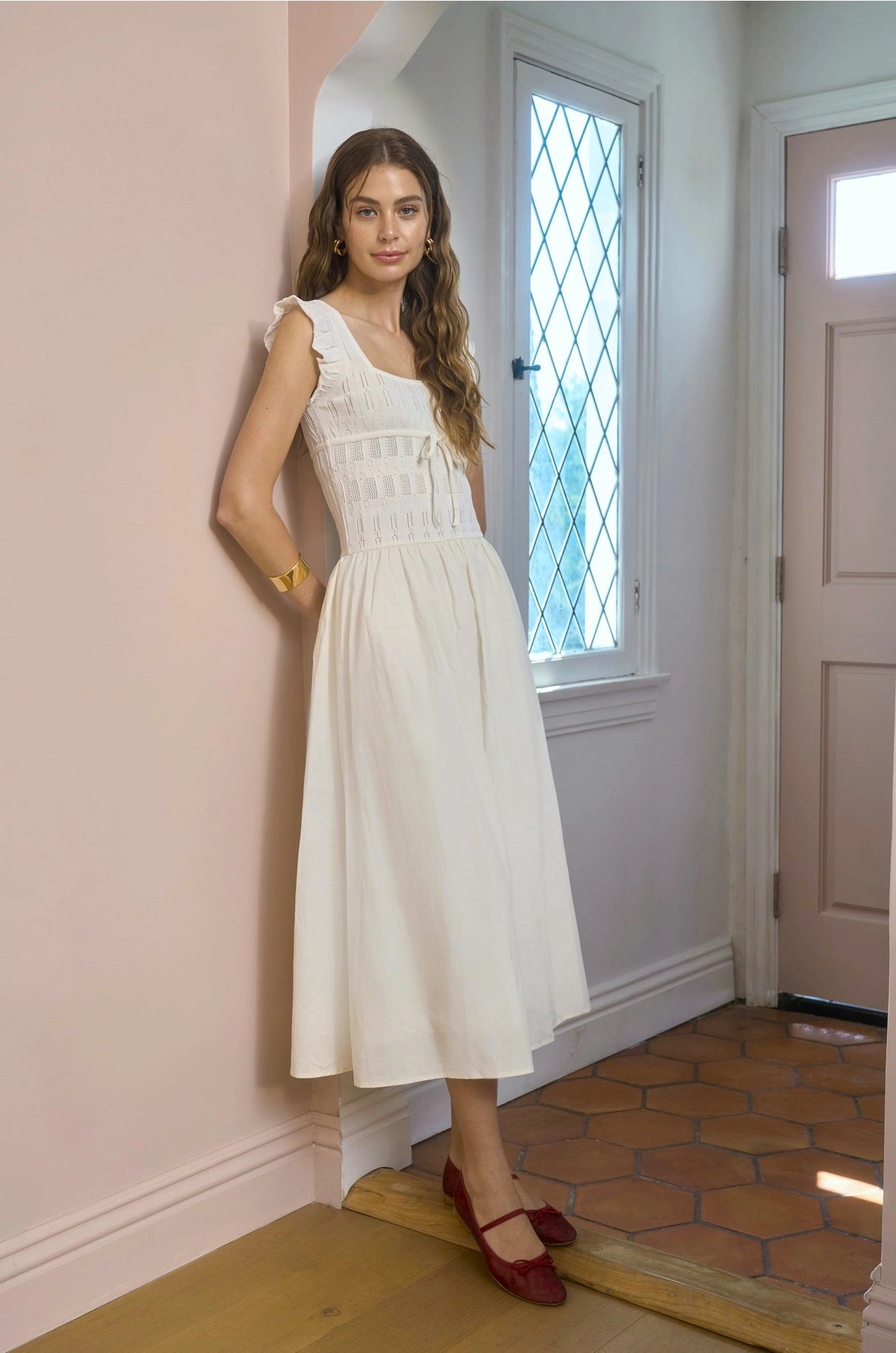 Ruffle Sleeve Smocked Tiered Midi Dress White