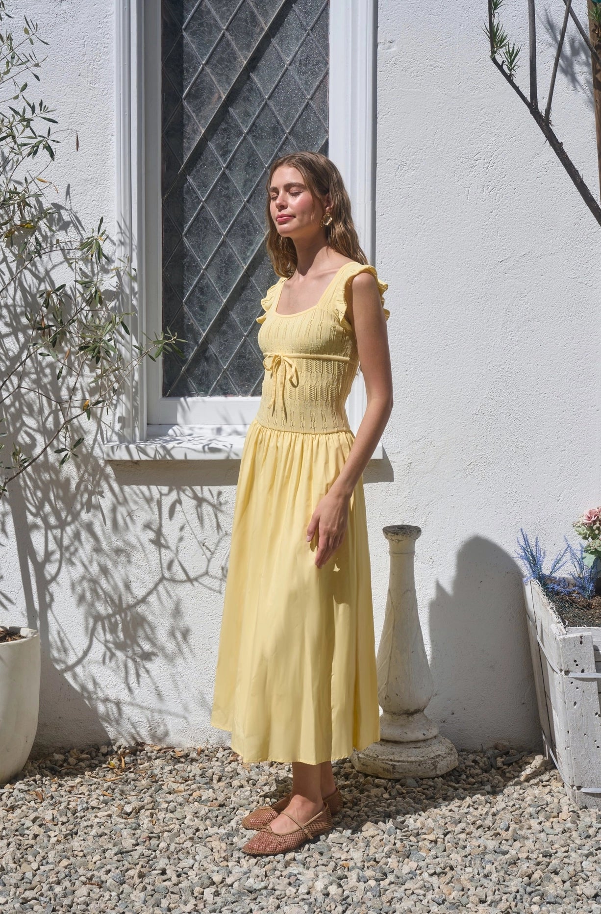 Ruffle Sleeve Smocked Tiered Midi Dress Yellow