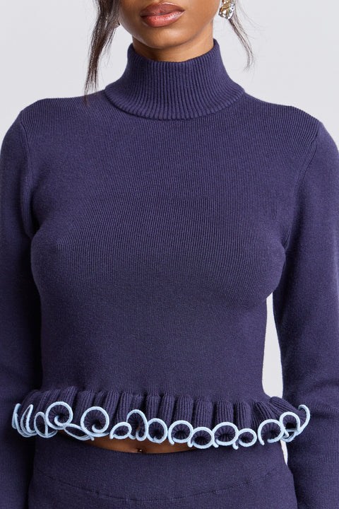 Ruffle Trim Cropped Mock Neck Sweater