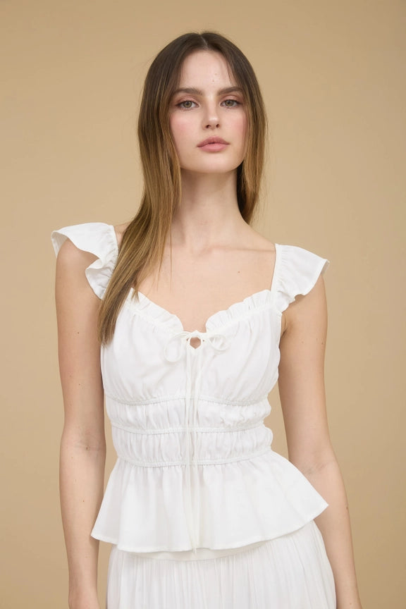 Ruffle Trim Front Tie Shirred Waist Blouse WHITE-Blouse-Blu Pepper-S-WHITE-Urbanheer