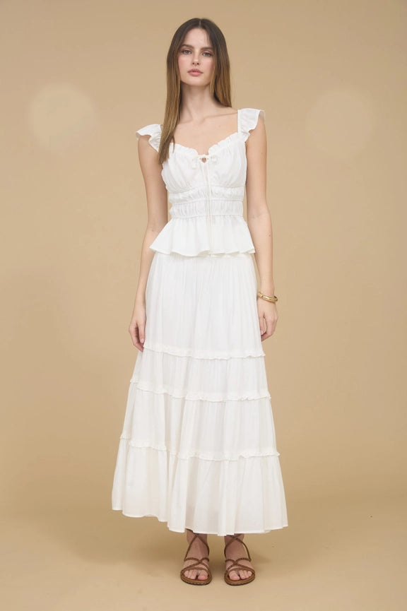 Ruffle Trim Front Tie Shirred Waist Blouse WHITE-Blouse-Blu Pepper-S-WHITE-Urbanheer