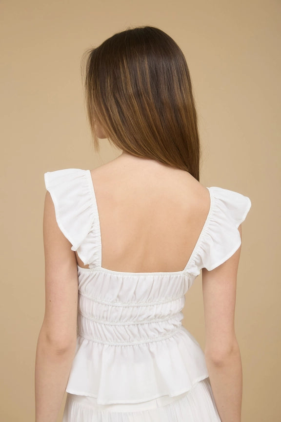 Ruffle Trim Front Tie Shirred Waist Blouse WHITE-Blouse-Blu Pepper-S-WHITE-Urbanheer