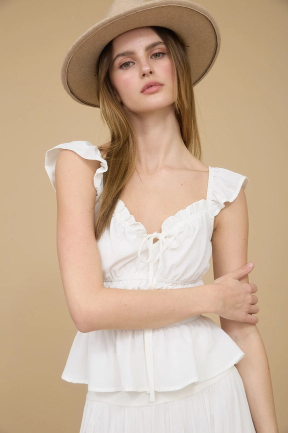 Ruffle Trim Front Tie Shirred Waist Blouse WHITE-Blouse-Blu Pepper-S-WHITE-Urbanheer