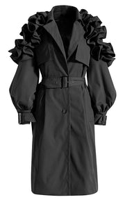 Ruffle Trim Statement Trench Coat black-Trench Coat-Luxe & Leather by Madonna & Co-S-black-Urbanheer