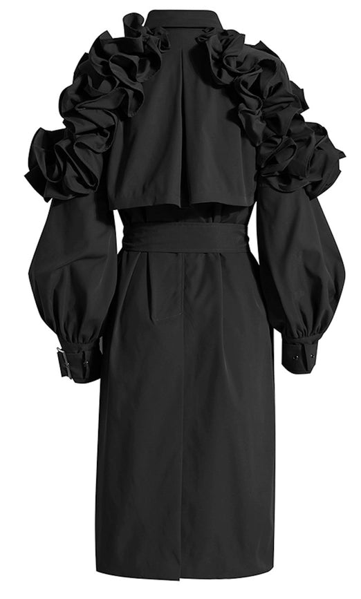 Ruffle Trim Statement Trench Coat black-Trench Coat-Luxe & Leather by Madonna & Co-S-black-Urbanheer