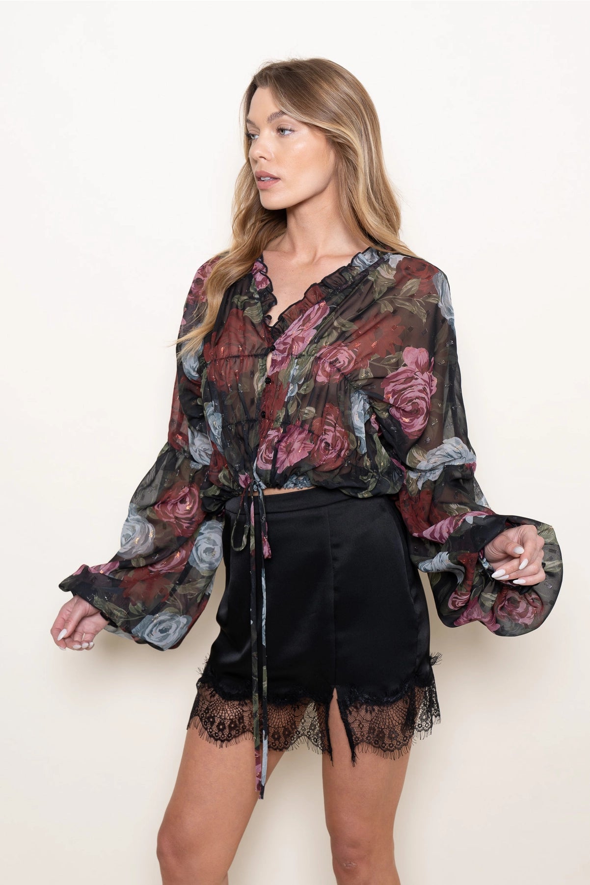 Ruffle V Neckline Verticle Ruched Body Sheer TOP