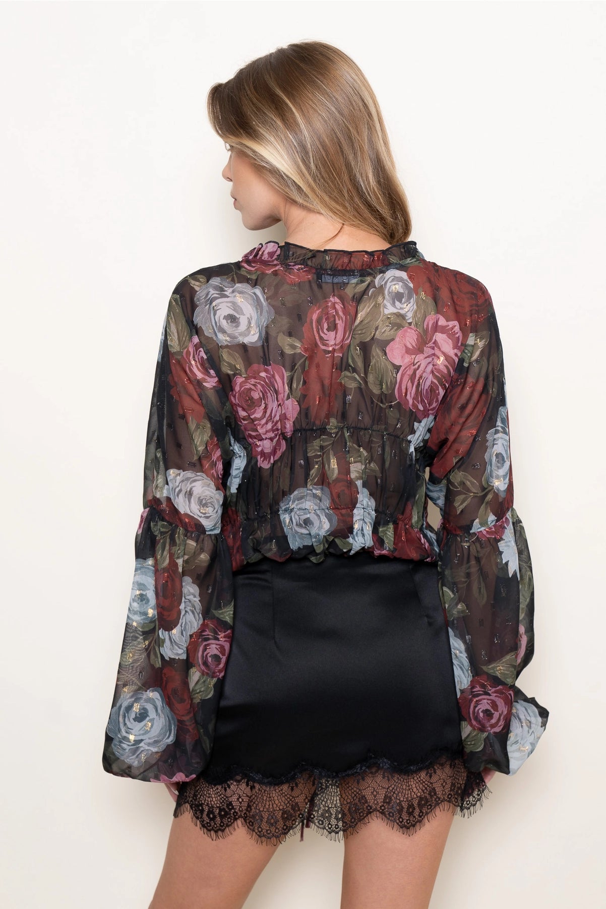 Ruffle V Neckline Verticle Ruched Body Sheer TOP