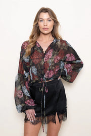 Ruffle V Neckline Verticle Ruched Body Sheer TOP