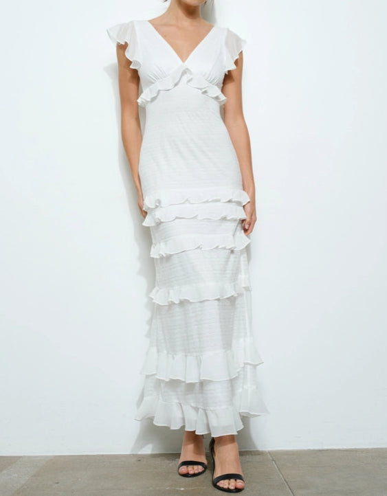 Ruffled V-Neck Cap Sleeve Tiered Maxi Dress from INA exclusive at Urbanheer Ruffled V-Neck Cap Sleeve Tiered Maxi Dress from INA exclusive at Urbanheer