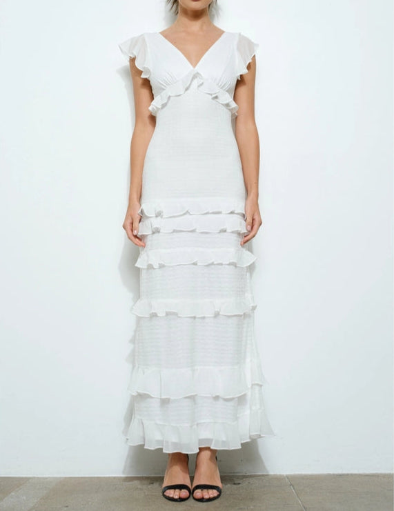 Ruffled V-Neck Cap Sleeve Tiered Maxi Dress-Dress-INA-S-WHITE-Urbanheer