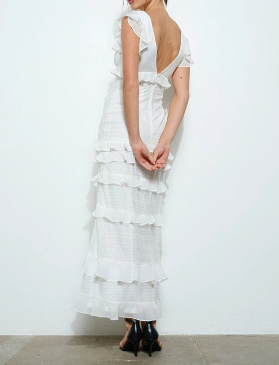 Ruffled V-Neck Cap Sleeve Tiered Maxi Dress-Dress-INA-S-WHITE-Urbanheer