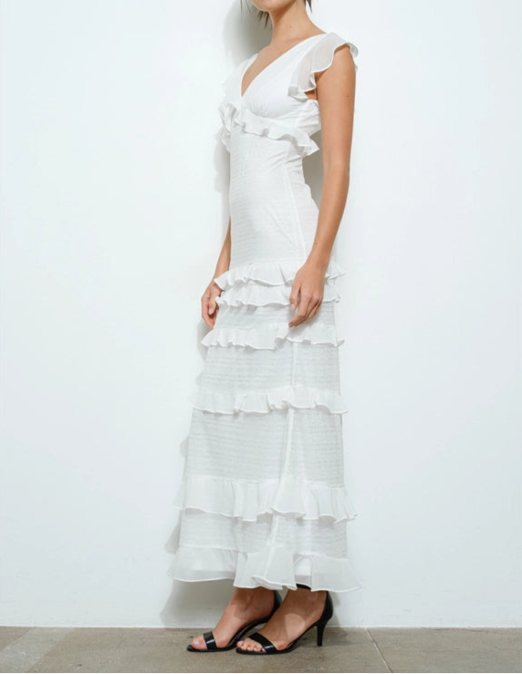 Ruffled V-Neck Cap Sleeve Tiered Maxi Dress-Dress-INA-S-WHITE-Urbanheer