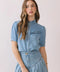 Ruffled Yoke Short Sleeve Button Down Denim Top