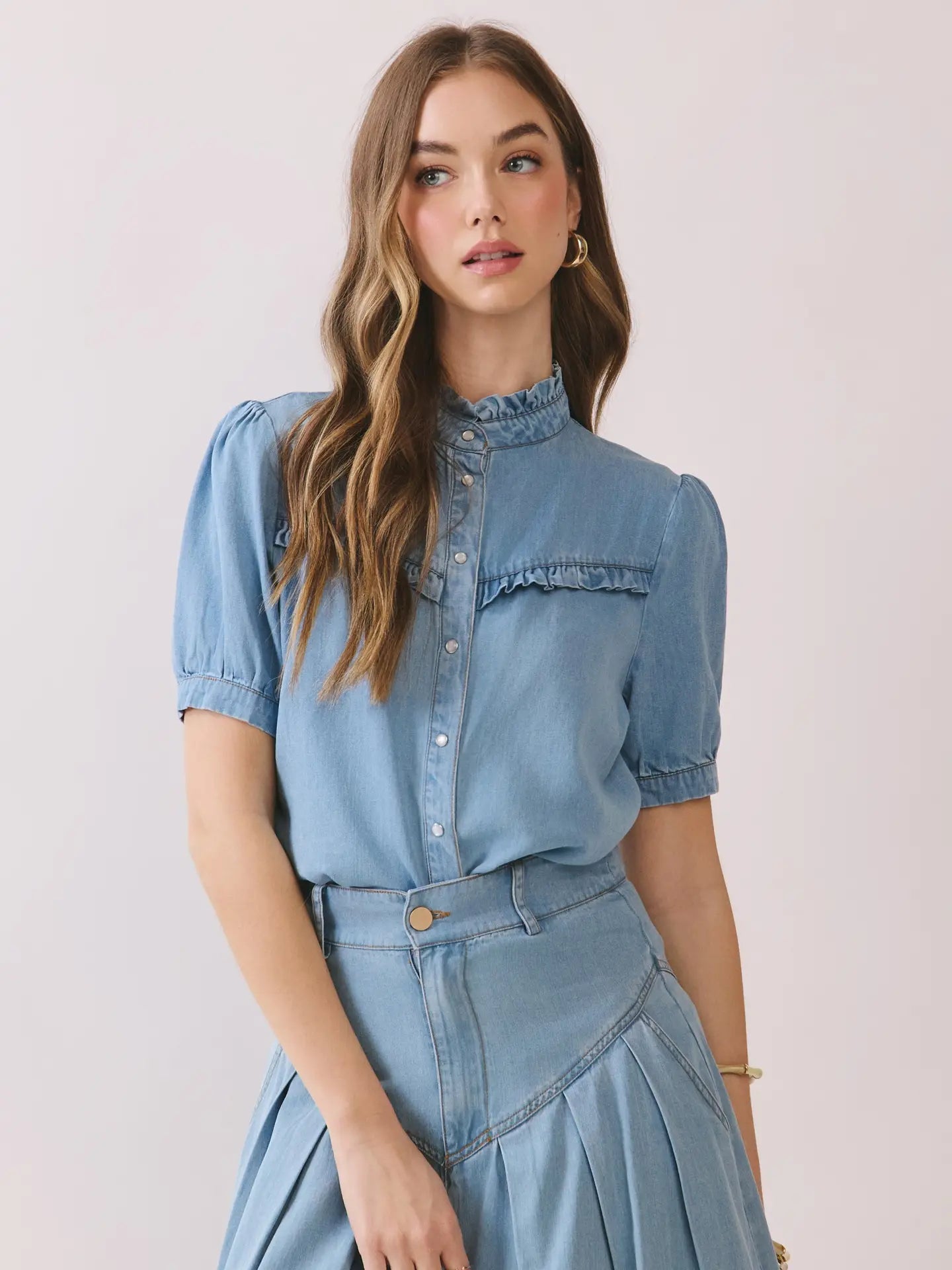 Ruffled Yoke Short Sleeve Button Down Denim Top