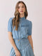 Ruffled Yoke Short Sleeve Button Down Denim Top