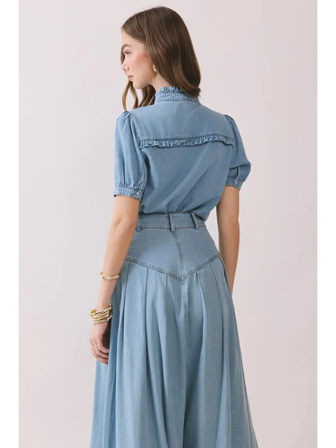 Ruffled Yoke Short Sleeve Button Down Denim Top