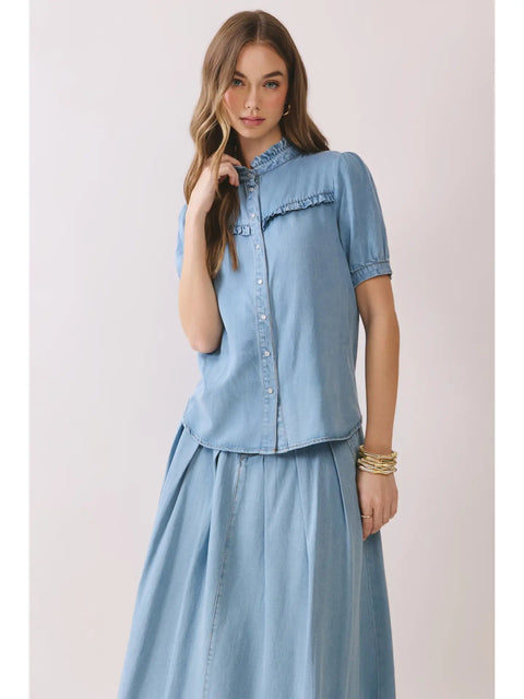 Ruffled Yoke Short Sleeve Button Down Denim Top