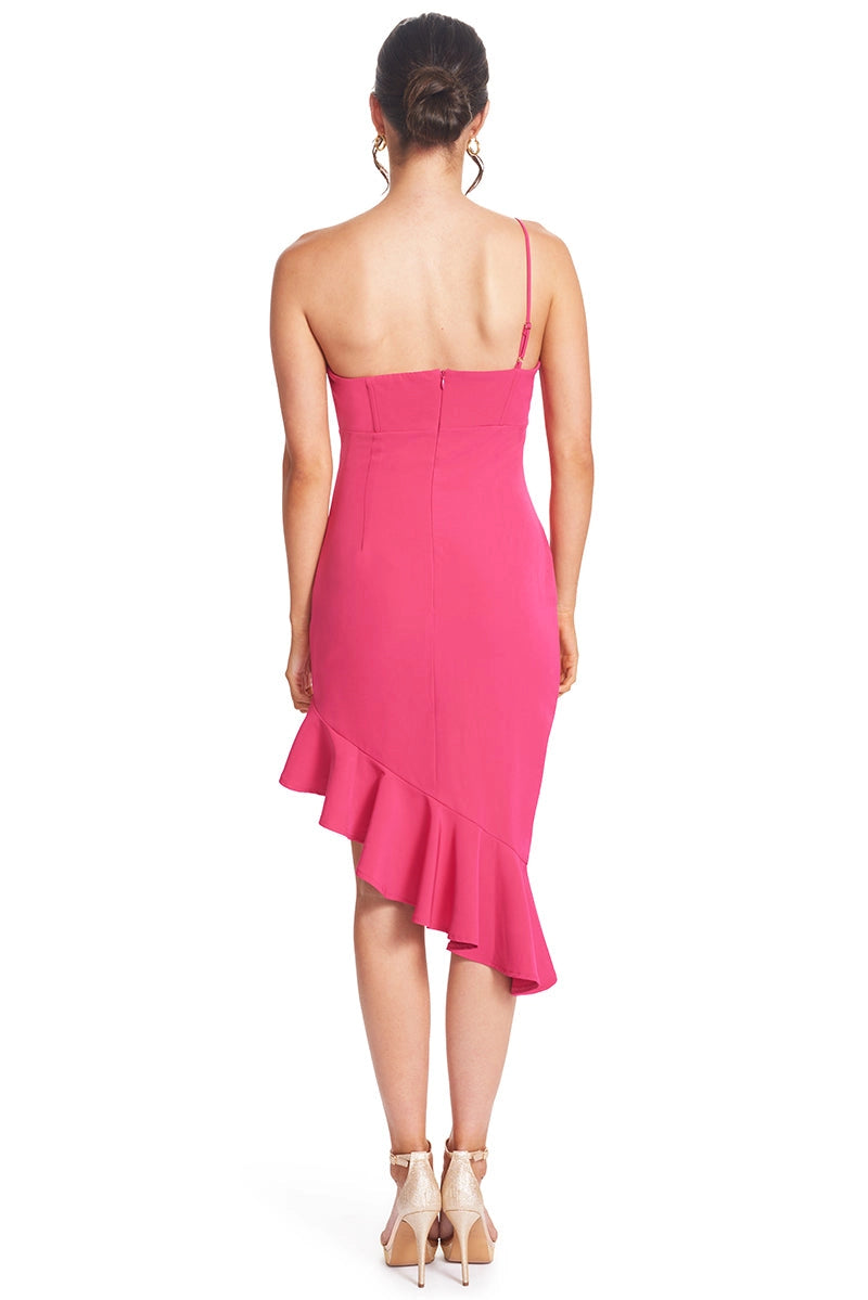 Rufflin' Round Dress: Slvless. Asymmetric Midi - Fuchsia
