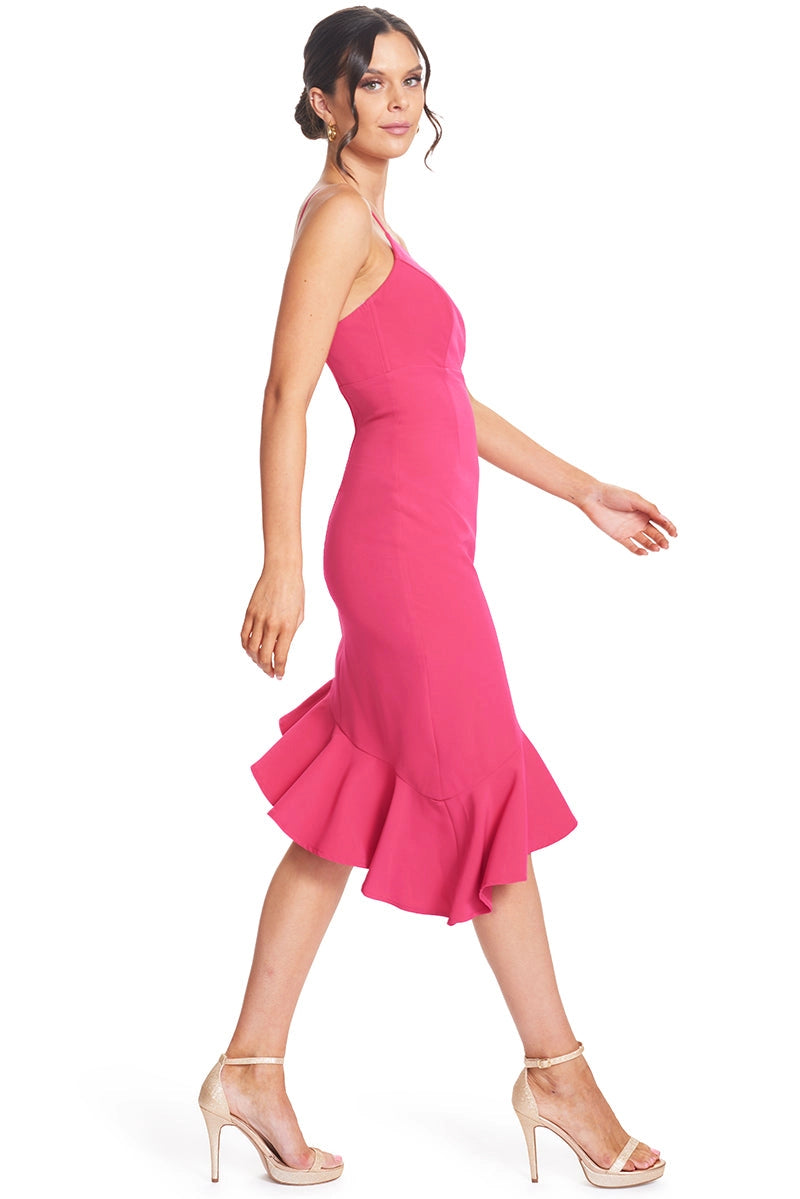Rufflin' Round Dress: Slvless. Asymmetric Midi - Fuchsia